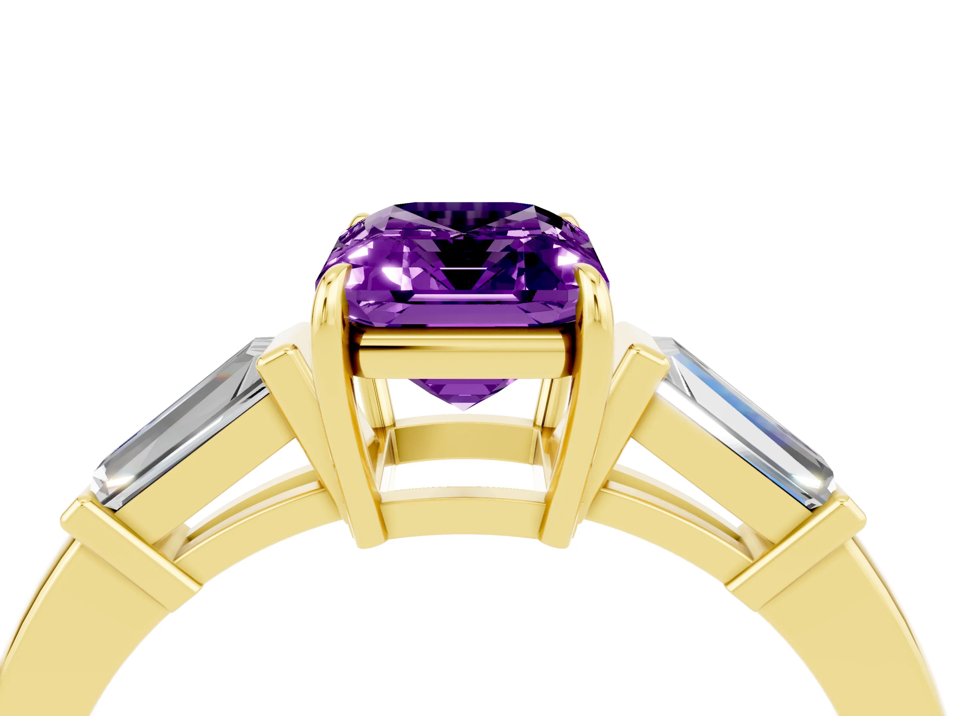 Yellow gold Emerald Cut Cut Diamond Ring with Tapered Baguette Side Stones in Four-Prong Setting_4