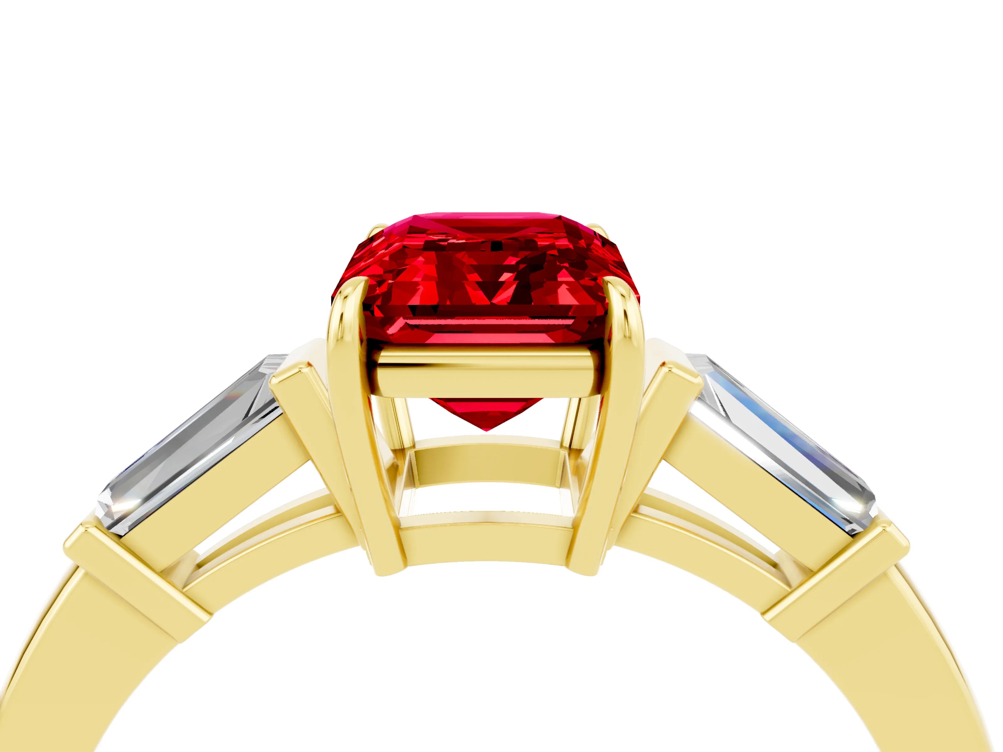 Yellow gold Emerald Cut Cut Diamond Ring with Tapered Baguette Side Stones in Four-Prong Setting_4