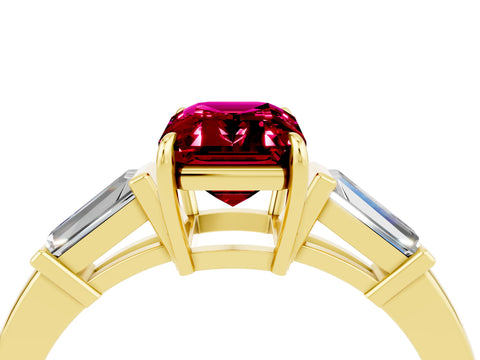 Yellow gold Emerald Cut Cut Diamond Ring with Tapered Baguette Side Stones in Four-Prong Setting_4