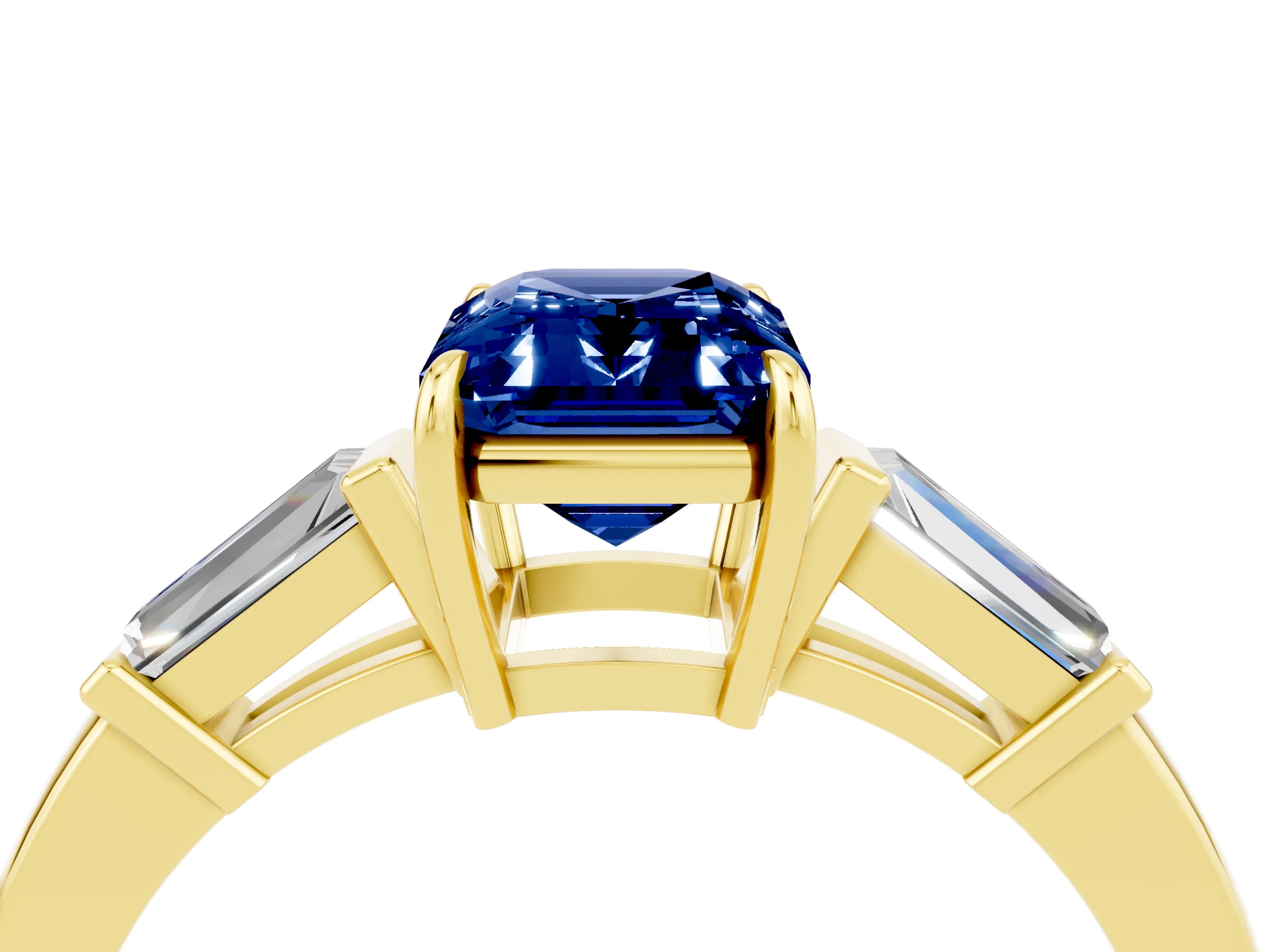 Yellow gold Emerald Cut Cut Diamond Ring with Tapered Baguette Side Stones in Four-Prong Setting_4