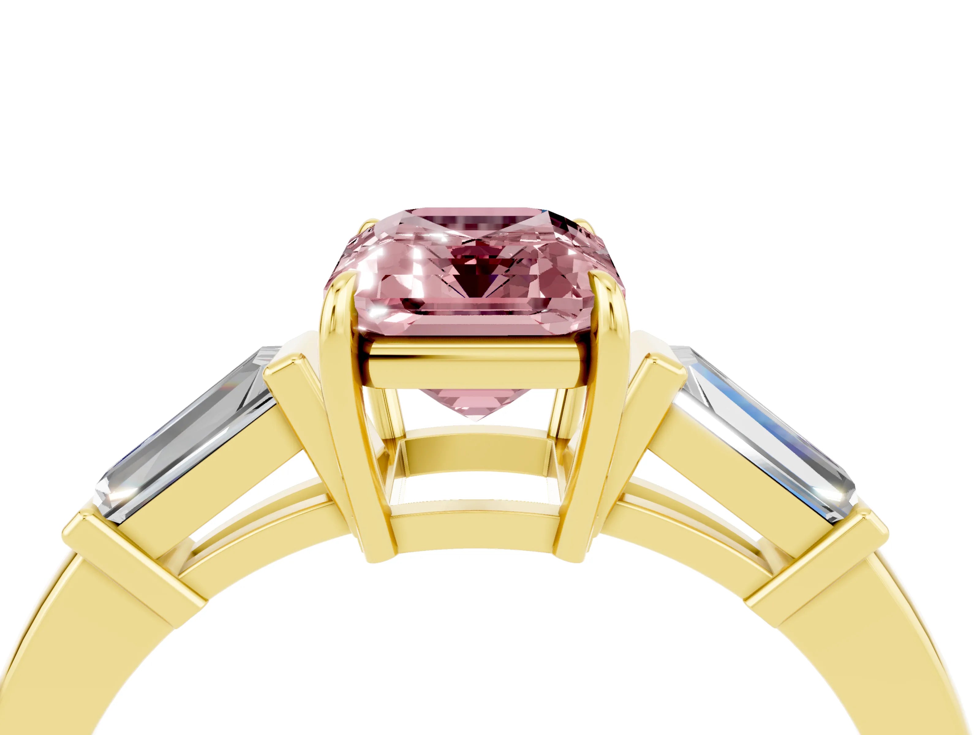 Yellow gold Emerald Cut Cut Diamond Ring with Tapered Baguette Side Stones in Four-Prong Setting_4