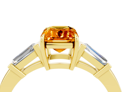 Yellow gold Emerald Cut Cut Diamond Ring with Tapered Baguette Side Stones in Four-Prong Setting_4
