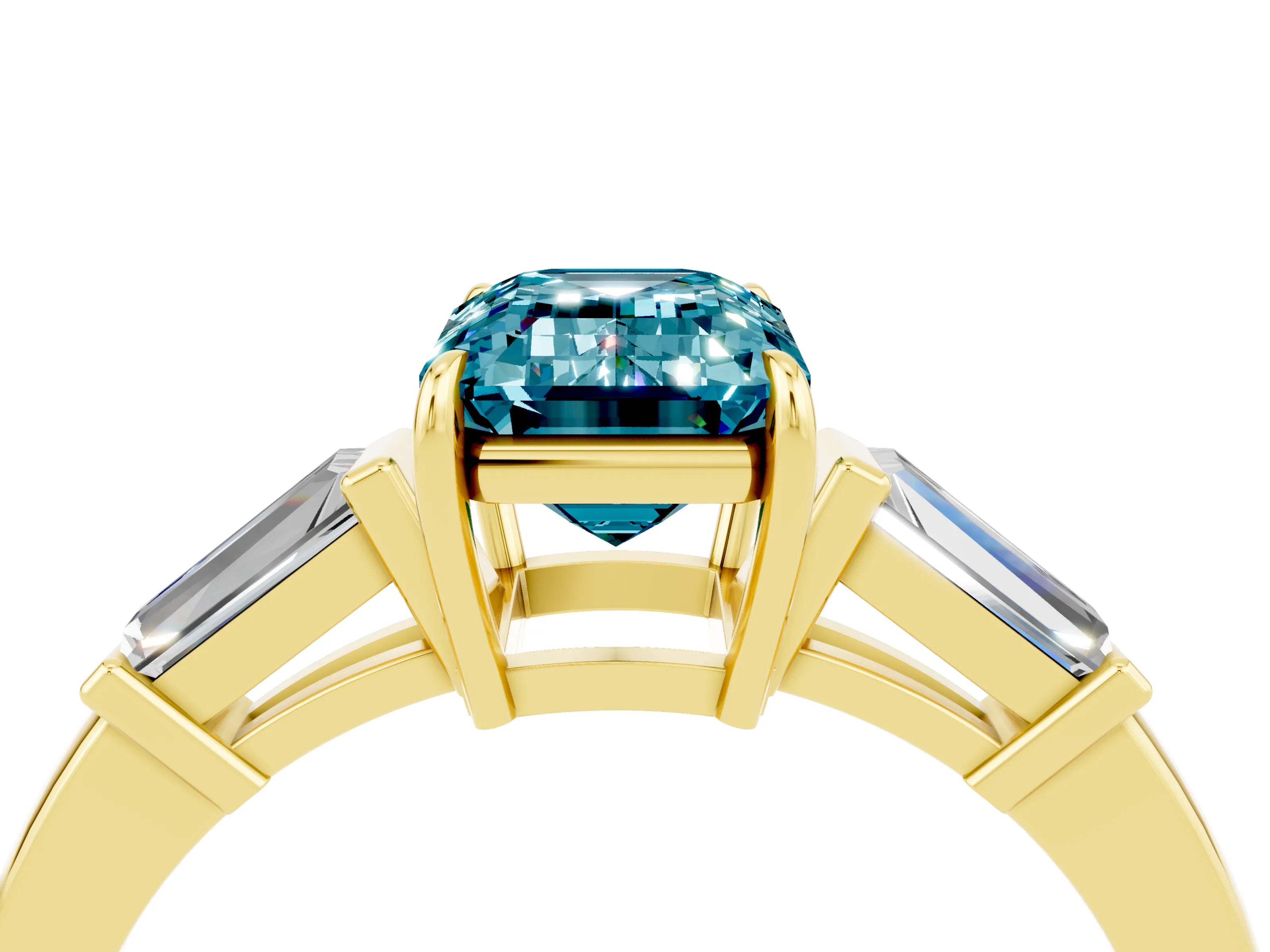 Yellow gold Emerald Cut Cut Diamond Ring with Tapered Baguette Side Stones in Four-Prong Setting_4