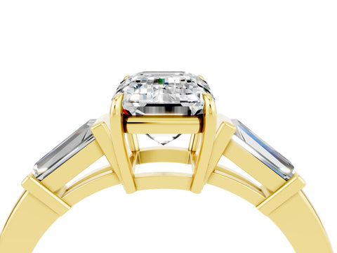 Yellow gold Emerald Cut Cut Diamond Ring with Tapered Baguette Side Stones in Four-Prong Setting_4