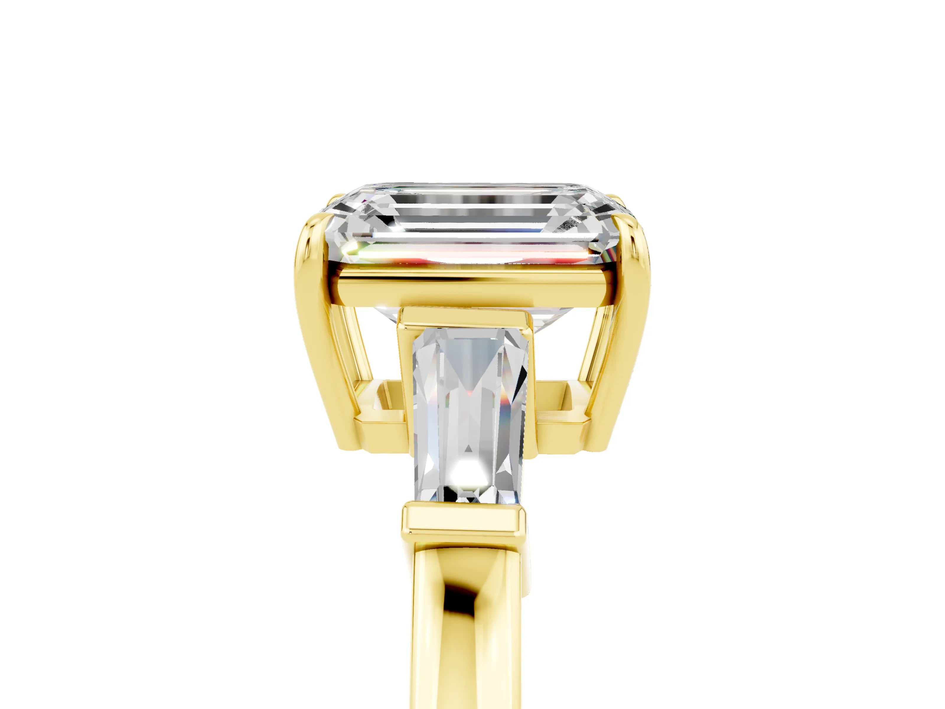 Yellow gold Emerald Cut Cut Diamond Ring with Tapered Baguette Side Stones in Four-Prong Setting_5