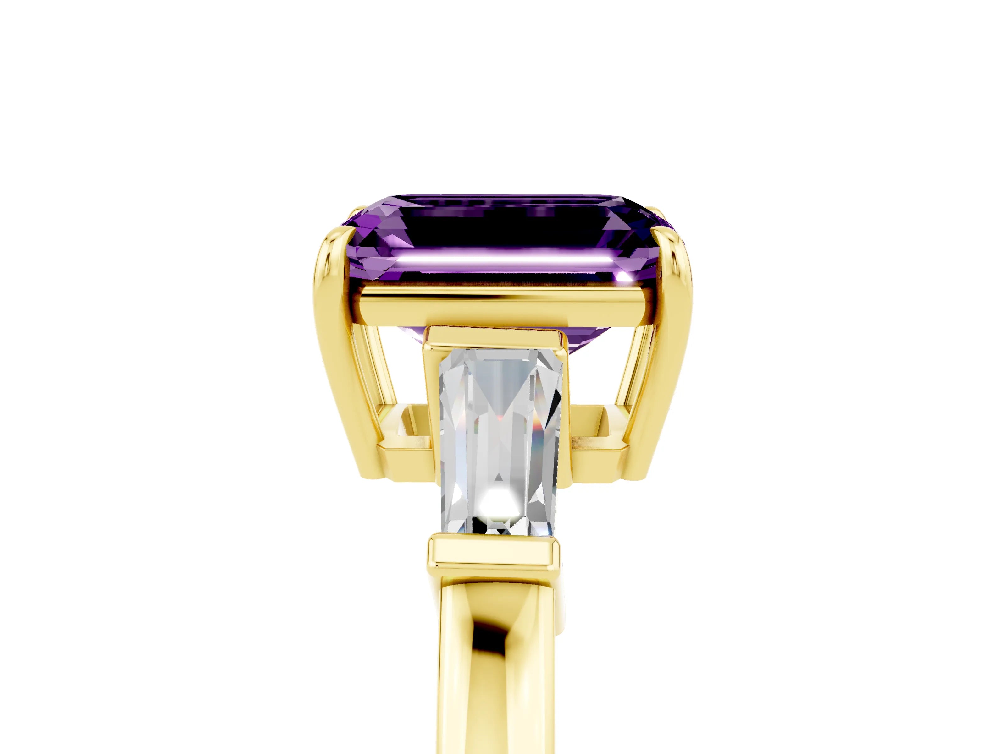 Yellow gold Emerald Cut Cut Diamond Ring with Tapered Baguette Side Stones in Four-Prong Setting_5