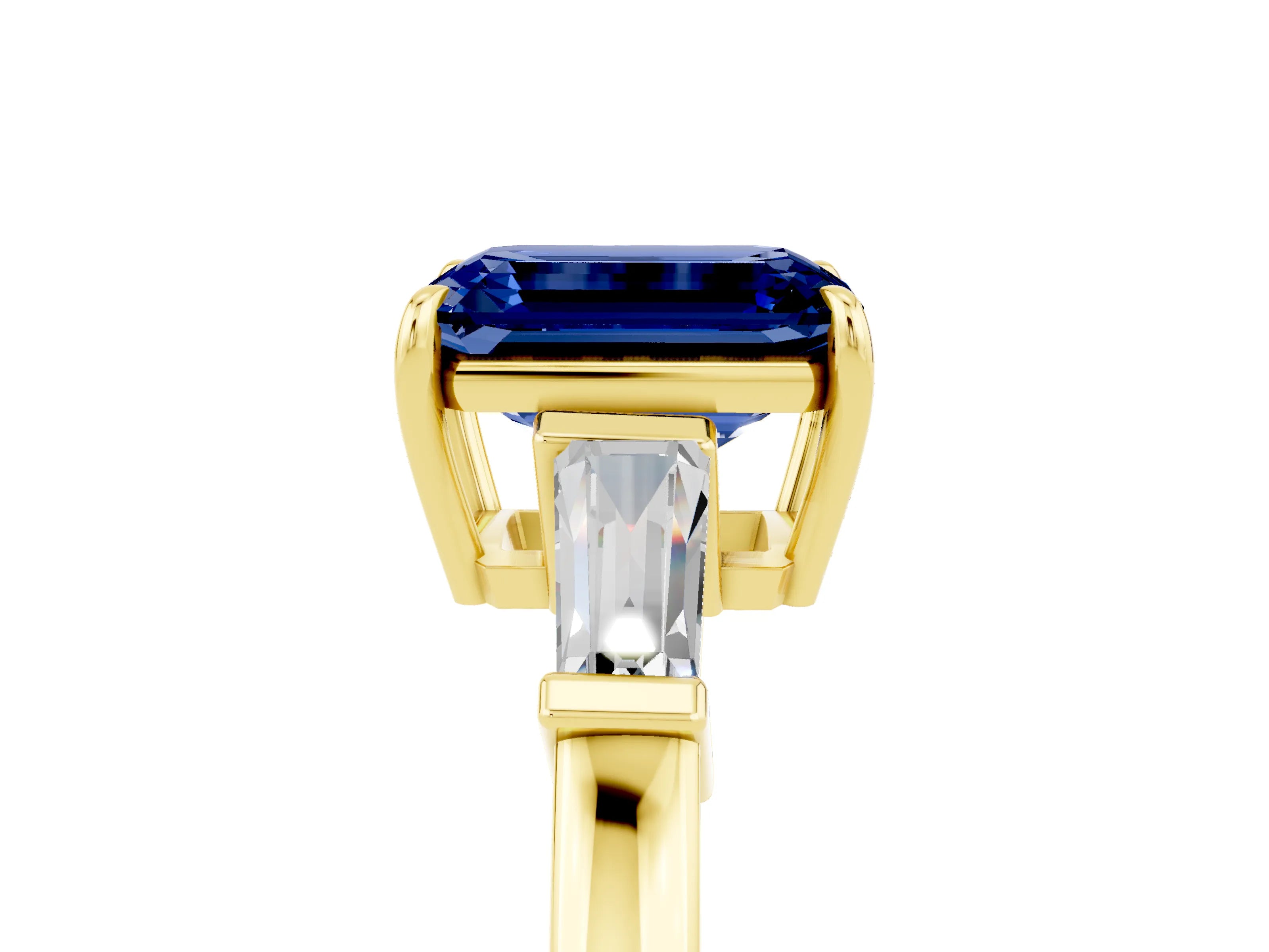 Yellow gold Emerald Cut Cut Diamond Ring with Tapered Baguette Side Stones in Four-Prong Setting_5