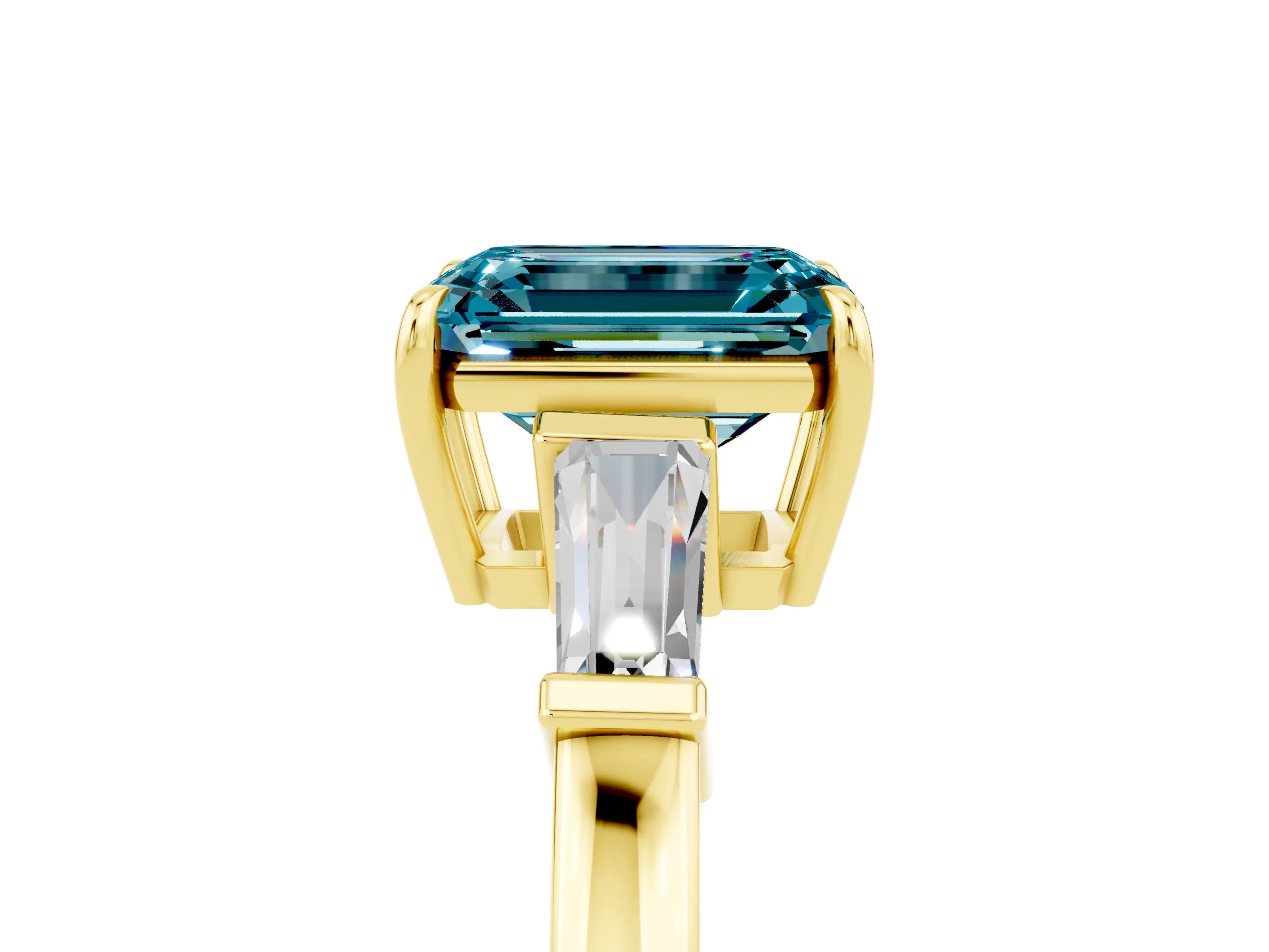 Yellow gold Emerald Cut Cut Diamond Ring with Tapered Baguette Side Stones in Four-Prong Setting_5