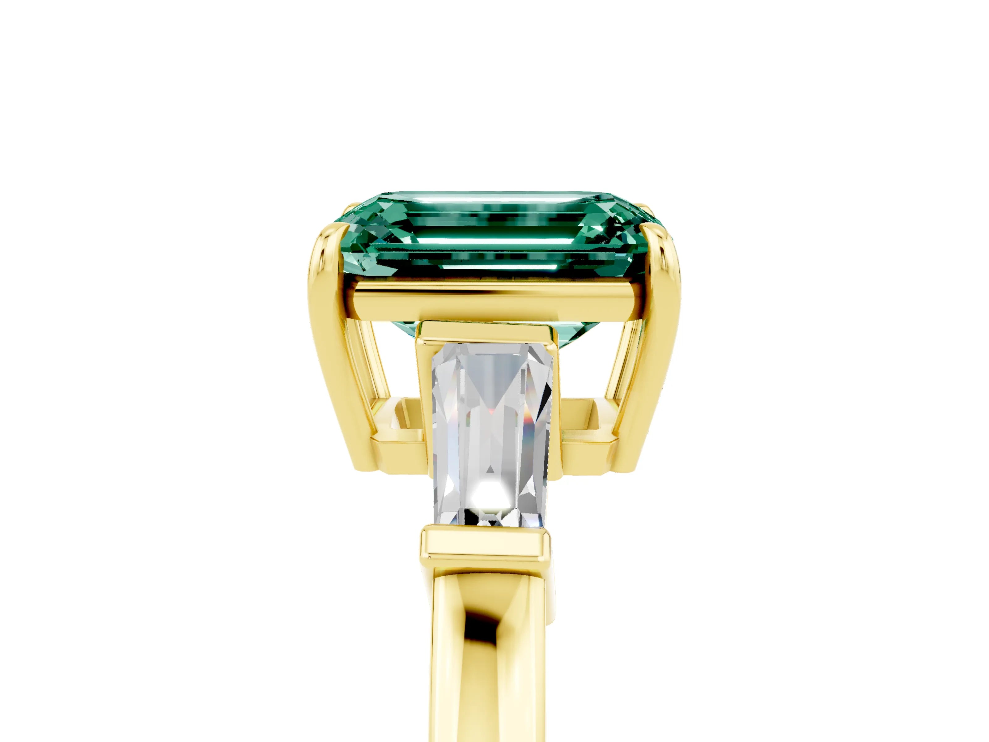 Yellow gold Emerald Cut Cut Diamond Ring with Tapered Baguette Side Stones in Four-Prong Setting_5