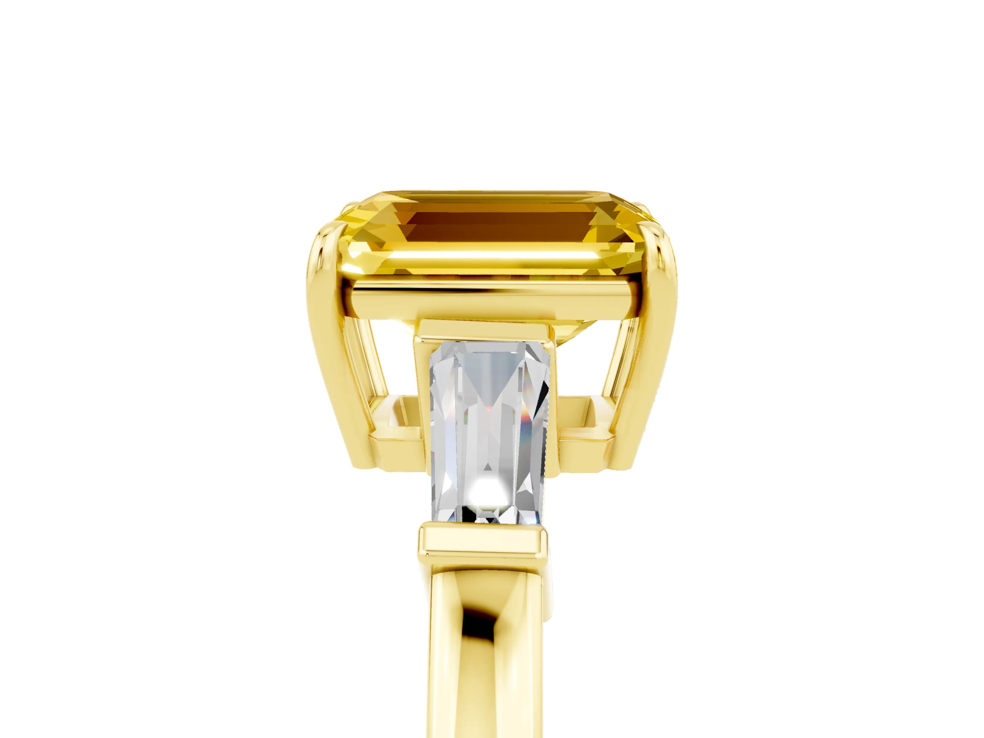 Yellow gold Emerald Cut Cut Diamond Ring with Tapered Baguette Side Stones in Four-Prong Setting_5