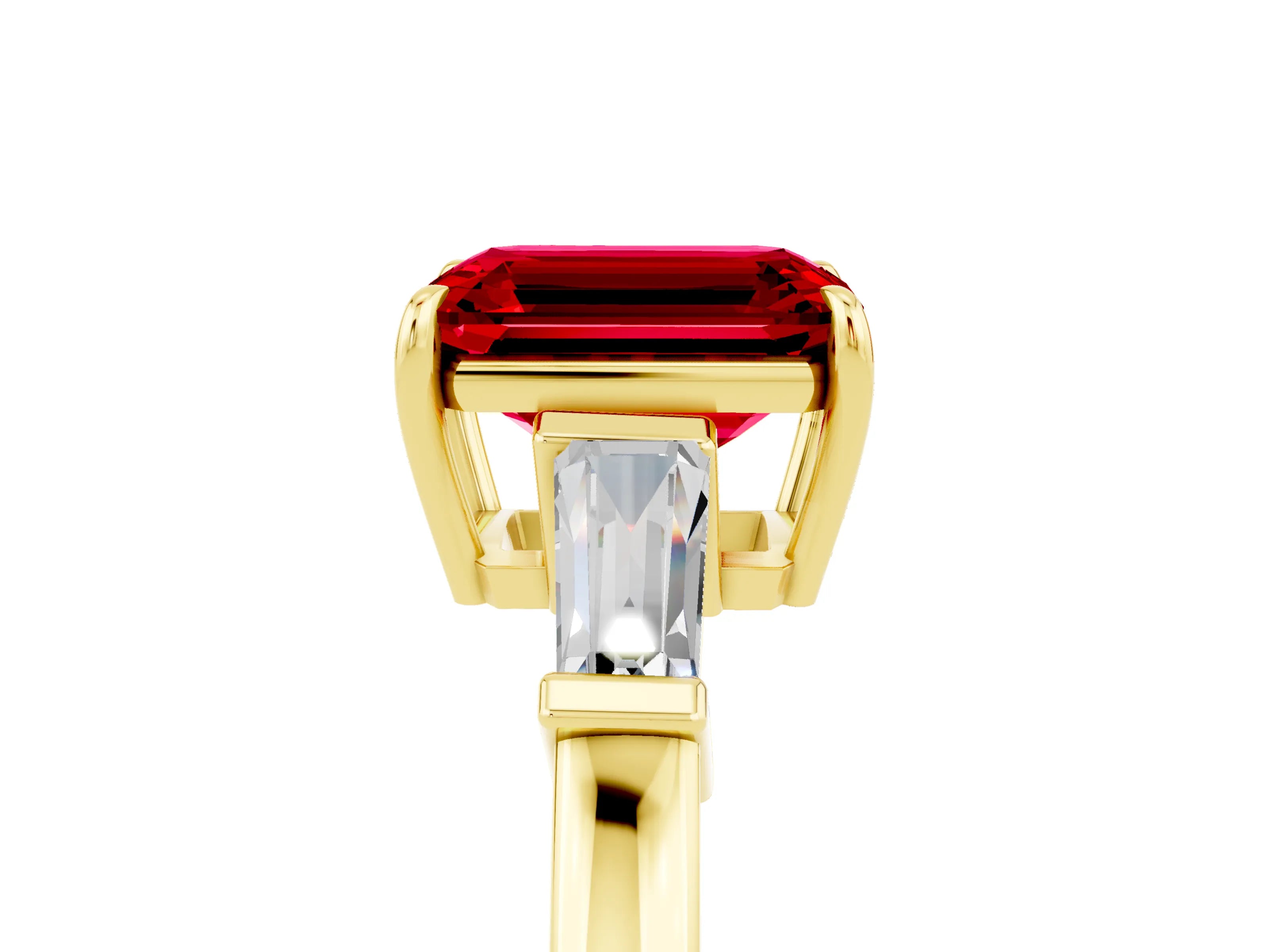 Yellow gold Emerald Cut Cut Diamond Ring with Tapered Baguette Side Stones in Four-Prong Setting_5
