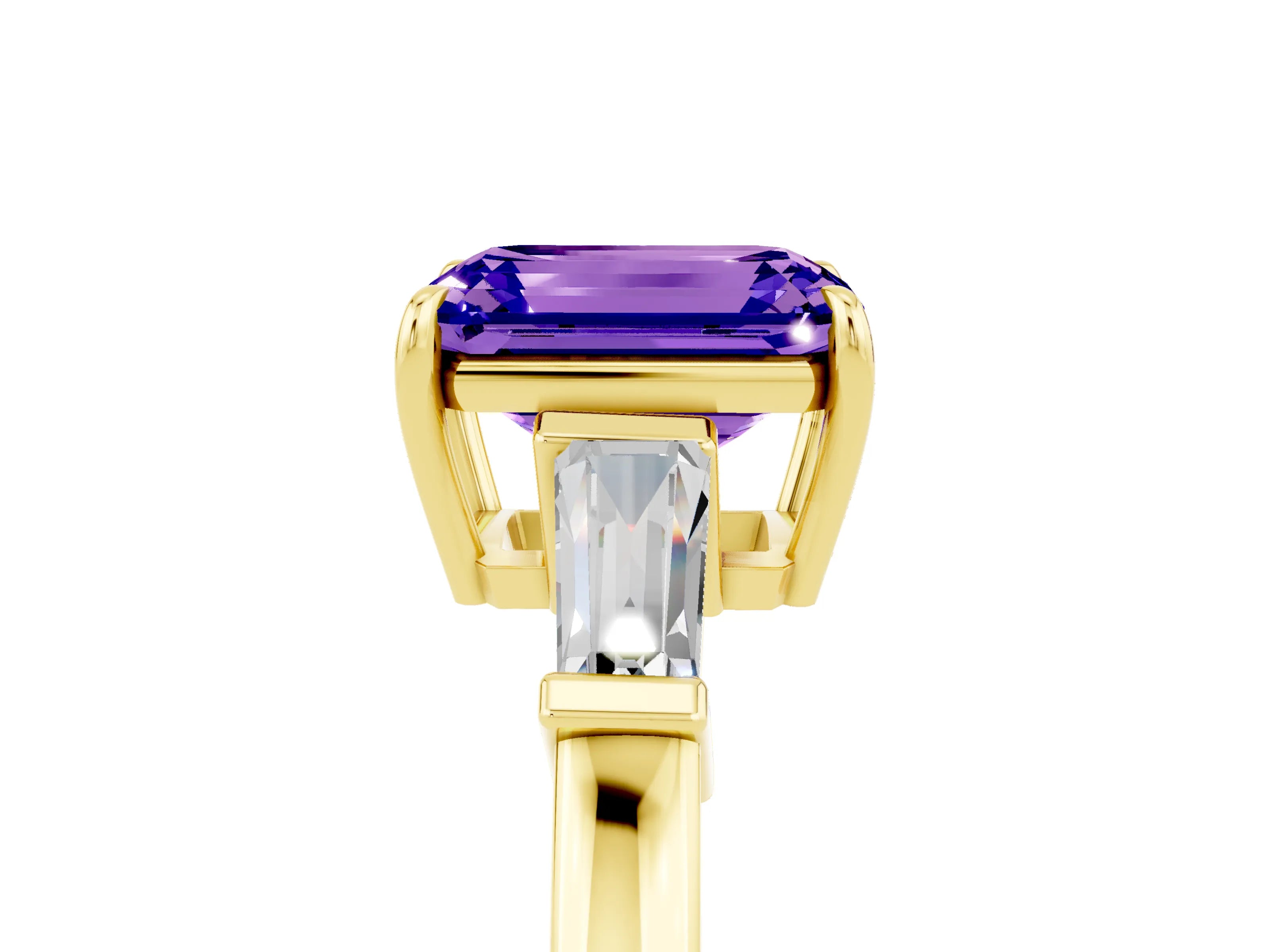 Yellow gold Emerald Cut Cut Diamond Ring with Tapered Baguette Side Stones in Four-Prong Setting_5