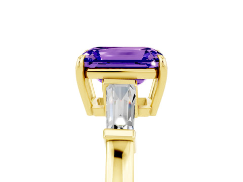 Yellow gold Emerald Cut Cut Diamond Ring with Tapered Baguette Side Stones in Four-Prong Setting_5