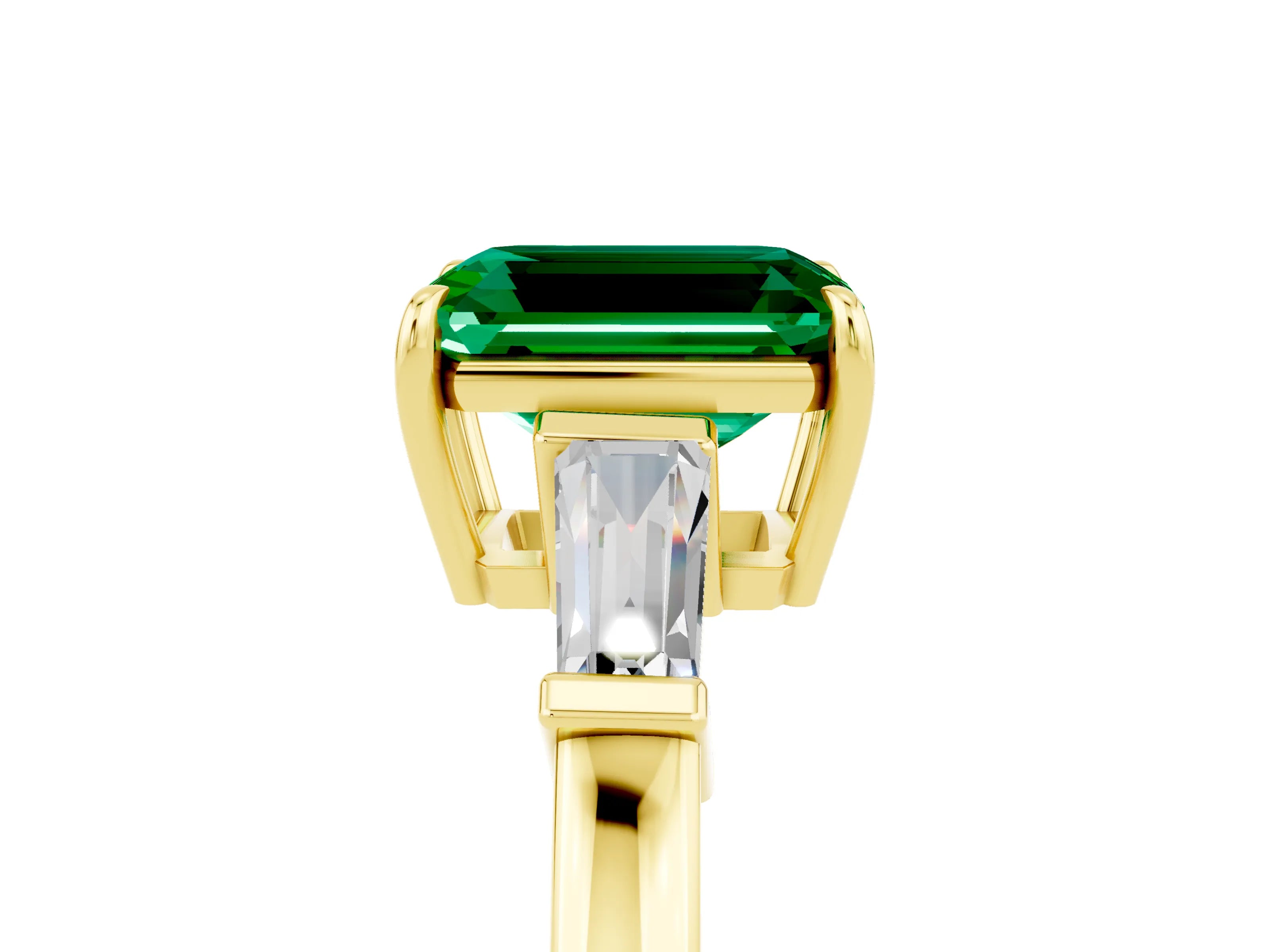 Yellow gold Emerald Cut Cut Diamond Ring with Tapered Baguette Side Stones in Four-Prong Setting_5