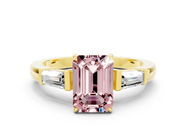 Yellow gold Emerald Cut Cut Diamond Ring with Tapered Baguette Side Stones in Four-Prong Setting