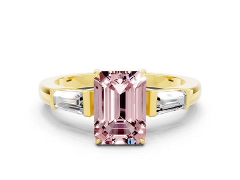 Yellow gold Emerald Cut Cut Diamond Ring with Tapered Baguette Side Stones in Four-Prong Setting