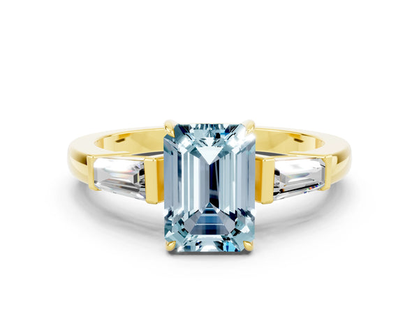 Yellow gold Emerald Cut Aquamarine Three-Stone Ring with Tapered Baguette Side Stones and Prong Setting