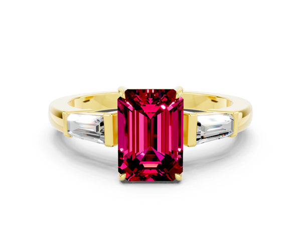 Yellow gold Emerald Cut Garnet Three-Stone Ring with Tapered Baguette Side Stones and Prong Setting