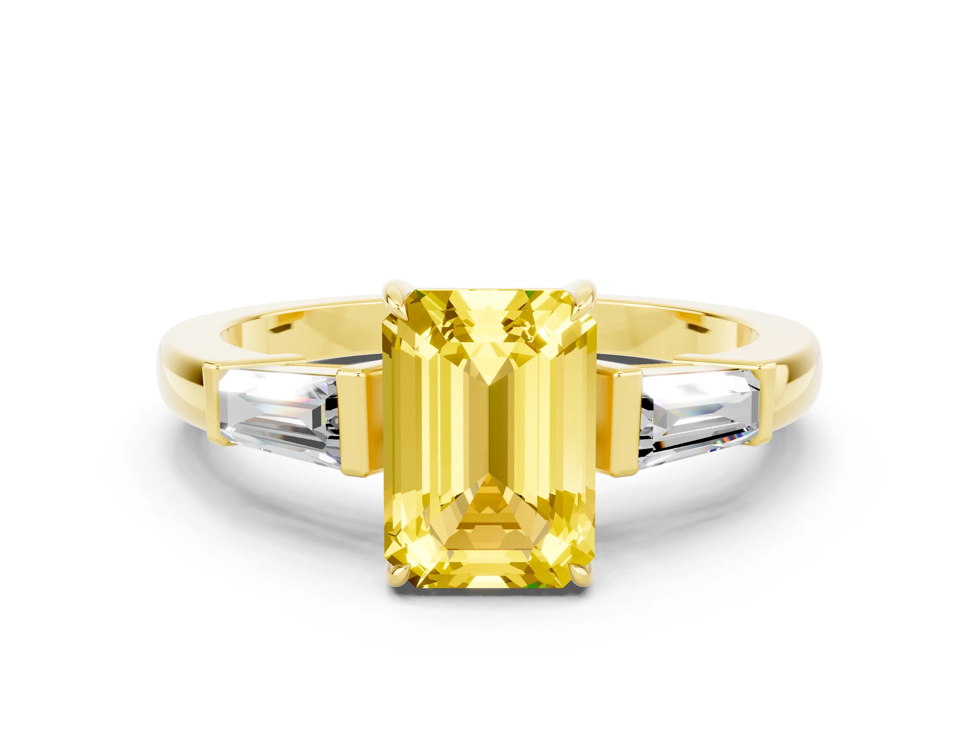 Yellow gold Emerald Cut Cut Diamond Ring with Tapered Baguette Side Stones in Four-Prong Setting