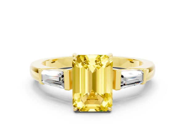 Yellow gold Emerald Cut Yellow Sapphire Three-Stone Ring with Tapered Baguette Side Stones and Prong Setting