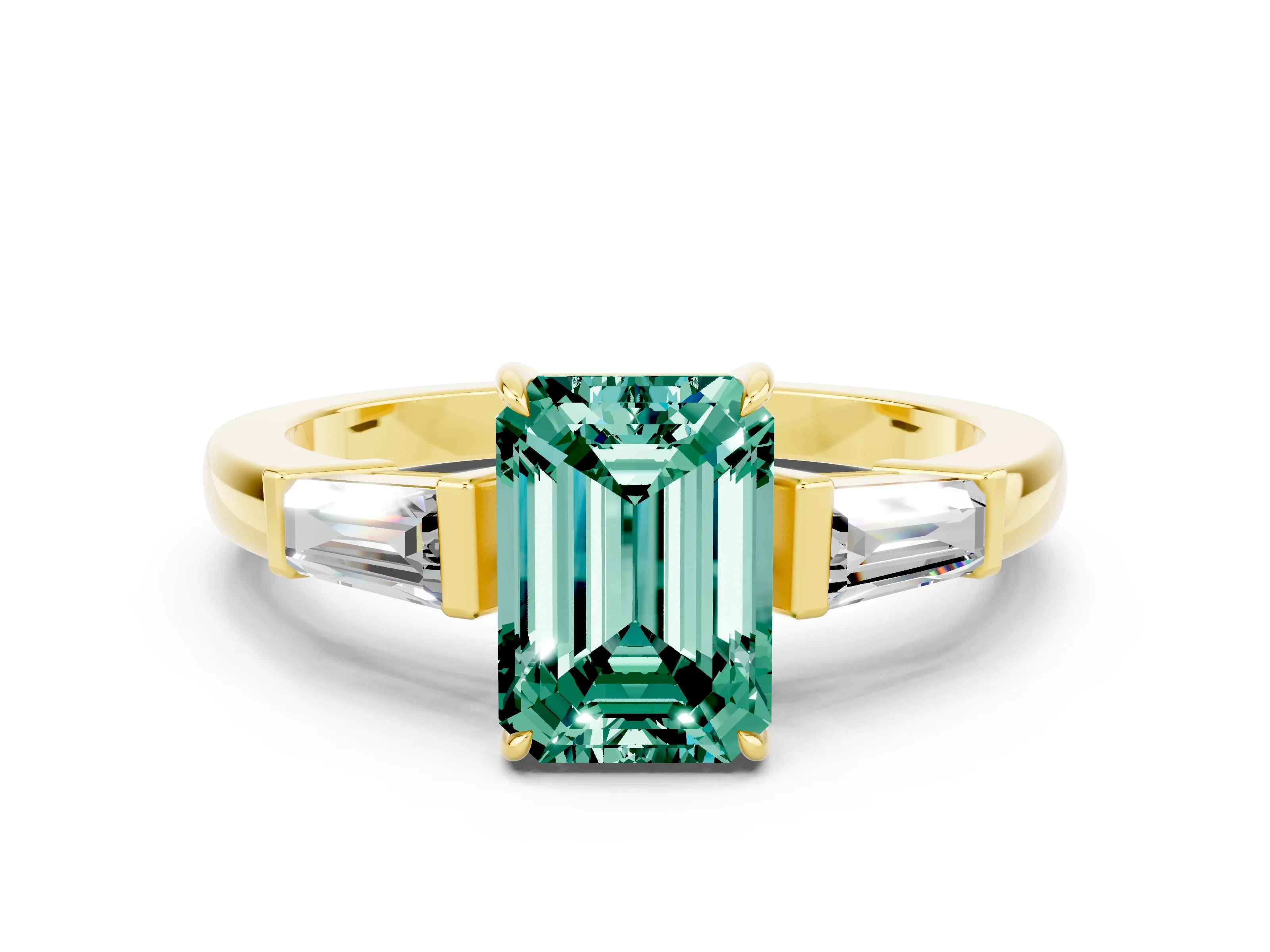 Yellow gold Emerald Cut Cut Diamond Ring with Tapered Baguette Side Stones in Four-Prong Setting