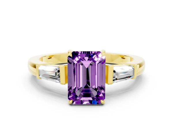Yellow gold Emerald Cut Amethyst Three-Stone Ring with Tapered Baguette Side Stones and Prong Setting