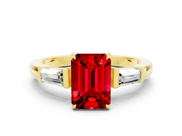 Yellow gold Emerald Cut Cut Diamond Ring with Tapered Baguette Side Stones in Four-Prong Setting