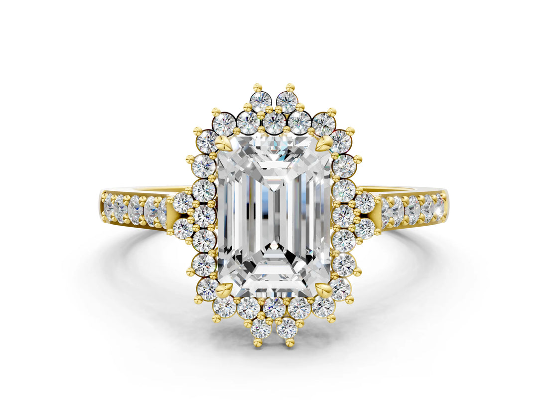 Yellow gold Emerald Cut Cut Diamond Sunburst Halo Engagement Ring with Pavé Band_3