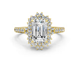 Yellow gold Emerald Cut Cut Diamond Sunburst Halo Engagement Ring with Pavé Band_3