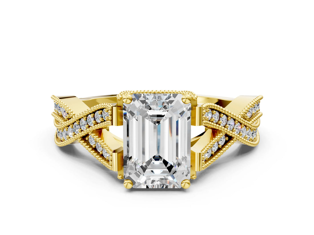 Yellow gold Emerald Cut Cut Diamond Twisted Band with Milgrain Pave Setting and Four-Prong Setting_6