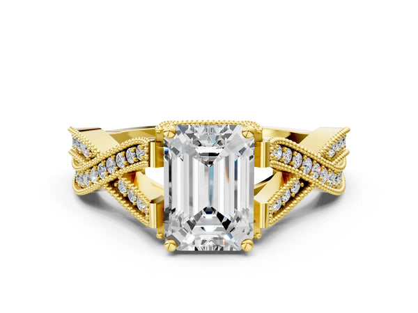 Yellow gold Emerald Cut Cut Diamond Twisted Band with Milgrain Pave Setting and Four-Prong Setting
