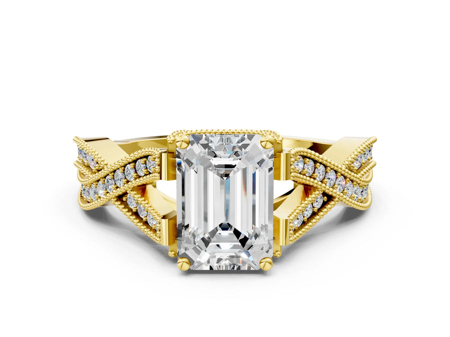 Yellow gold Emerald Cut Cut Diamond Twisted Band with Milgrain Pave Setting and Four-Prong Setting
