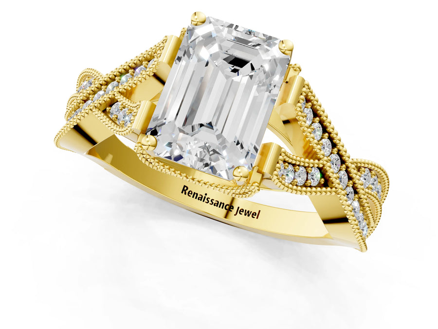 Yellow gold Emerald Cut Cut Diamond Twisted Band with Milgrain Pave Setting and Four-Prong Setting