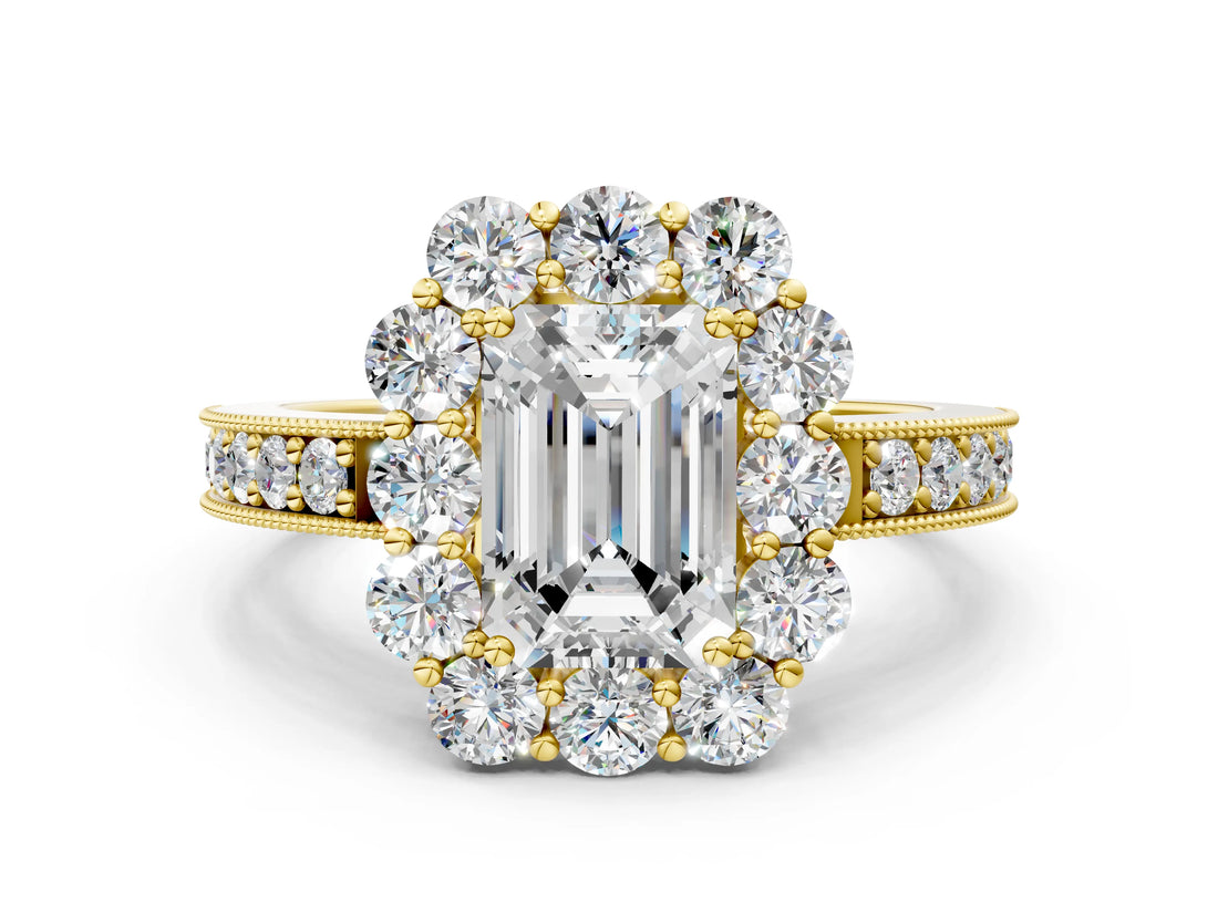 Yellow gold Emerald Cut Cut Halo Diamond Pavé Engagement Ring with Milgrain Detailing_15