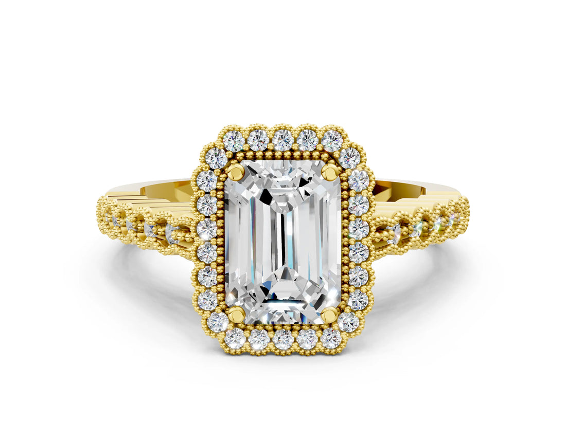 Yellow gold Emerald Cut Cut Halo Pavé Solitaire Ring with Milgrain Band_7
