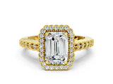 Yellow gold Emerald Cut Cut Halo Pavé Solitaire Ring with Milgrain Band_7