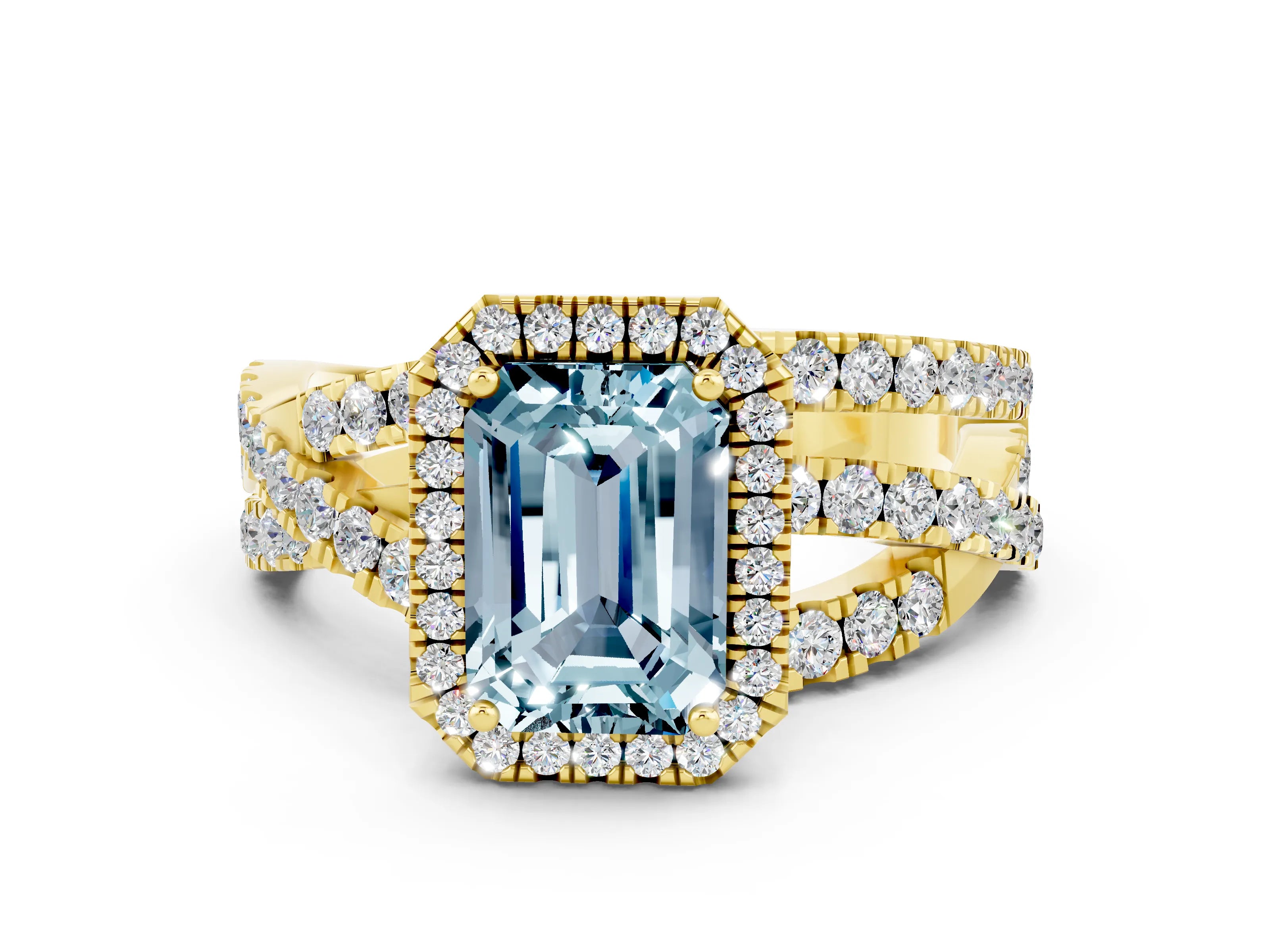 Yellow gold Emerald Cut Cut Halo Split Shank Prong Setting Ring_12