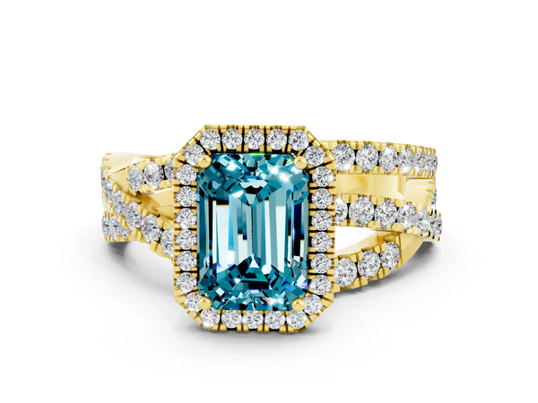 Yellow gold Emerald Cut Cut Halo Split Shank Prong Setting Ring