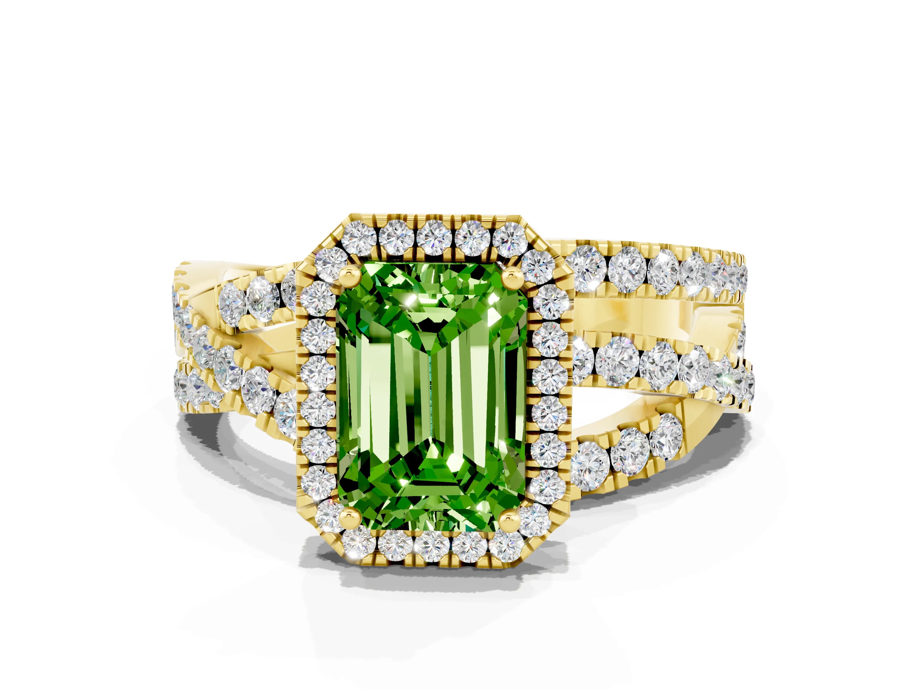 Yellow gold Emerald Cut Cut Halo Split Shank Prong Setting Ring_12