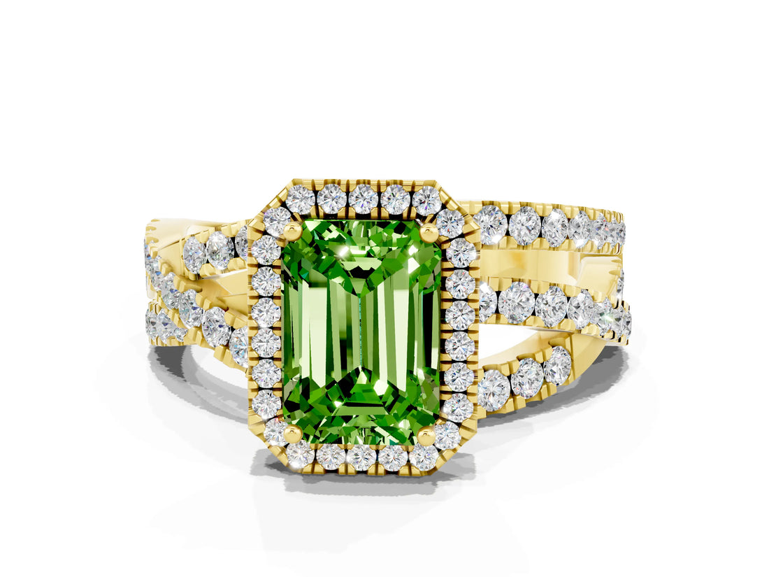 Yellow gold Emerald Cut Cut Halo Split Shank Prong Setting Ring_12