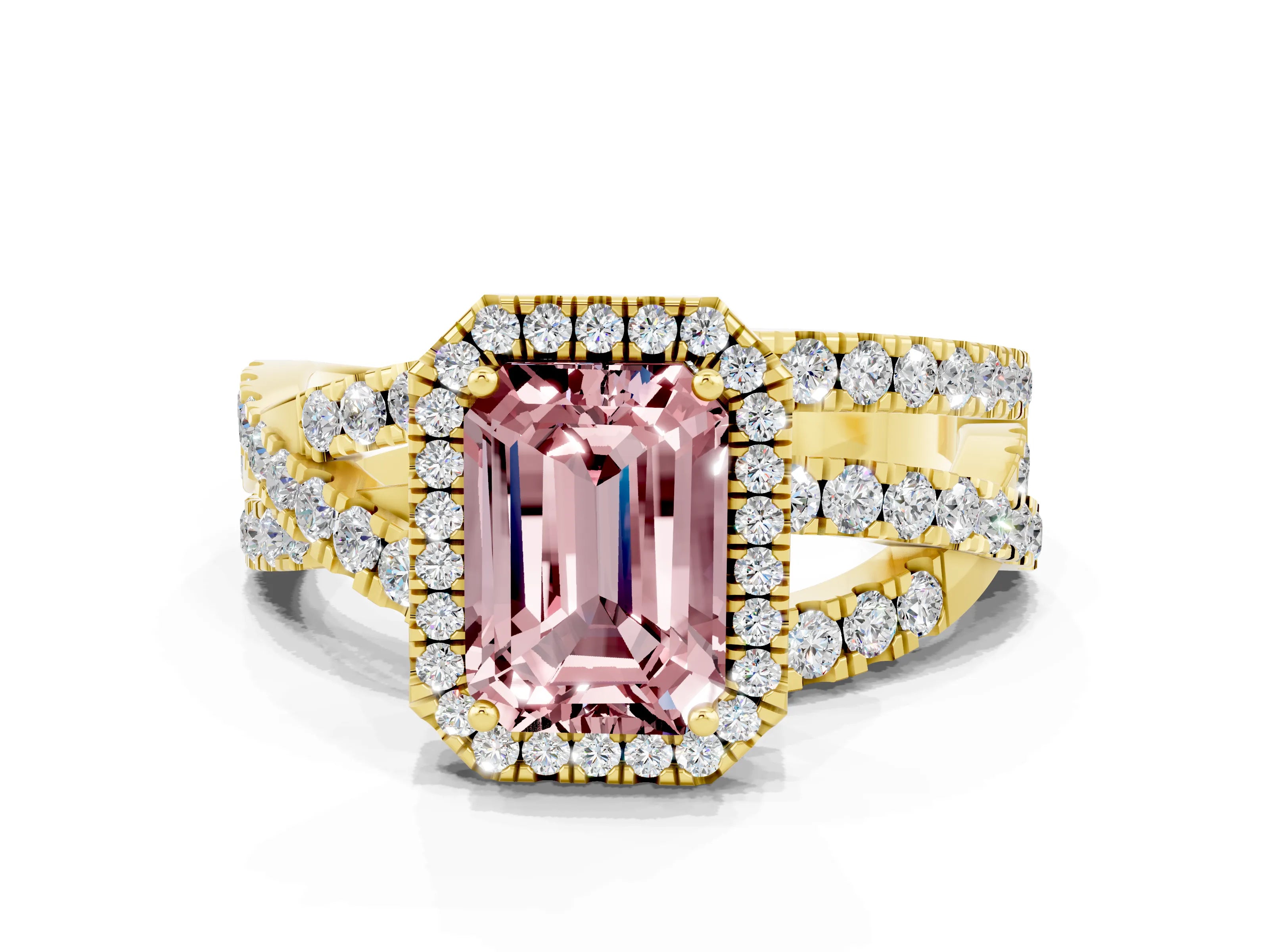 Yellow gold Emerald Cut Cut Halo Split Shank Prong Setting Ring_12
