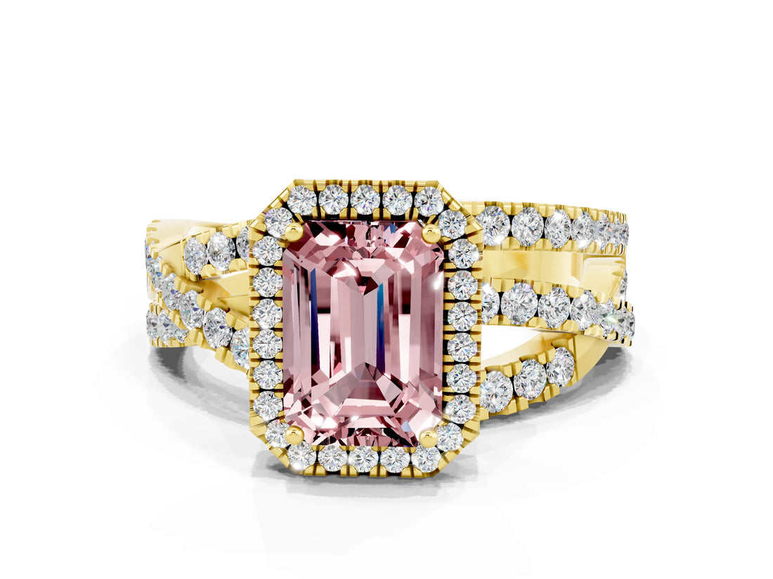 Yellow gold Emerald Cut Cut Halo Split Shank Prong Setting Ring_12