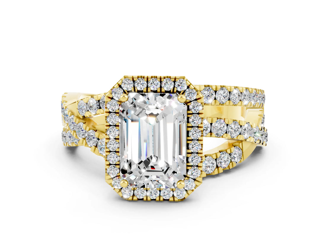 Yellow gold Emerald Cut Cut Halo Split Shank Prong Setting Ring_12