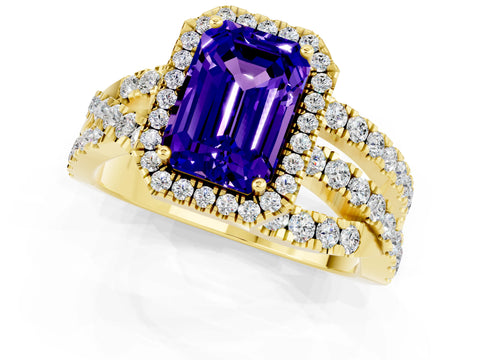Yellow gold Emerald Cut Cut Halo Split Shank Prong Setting Ring_13