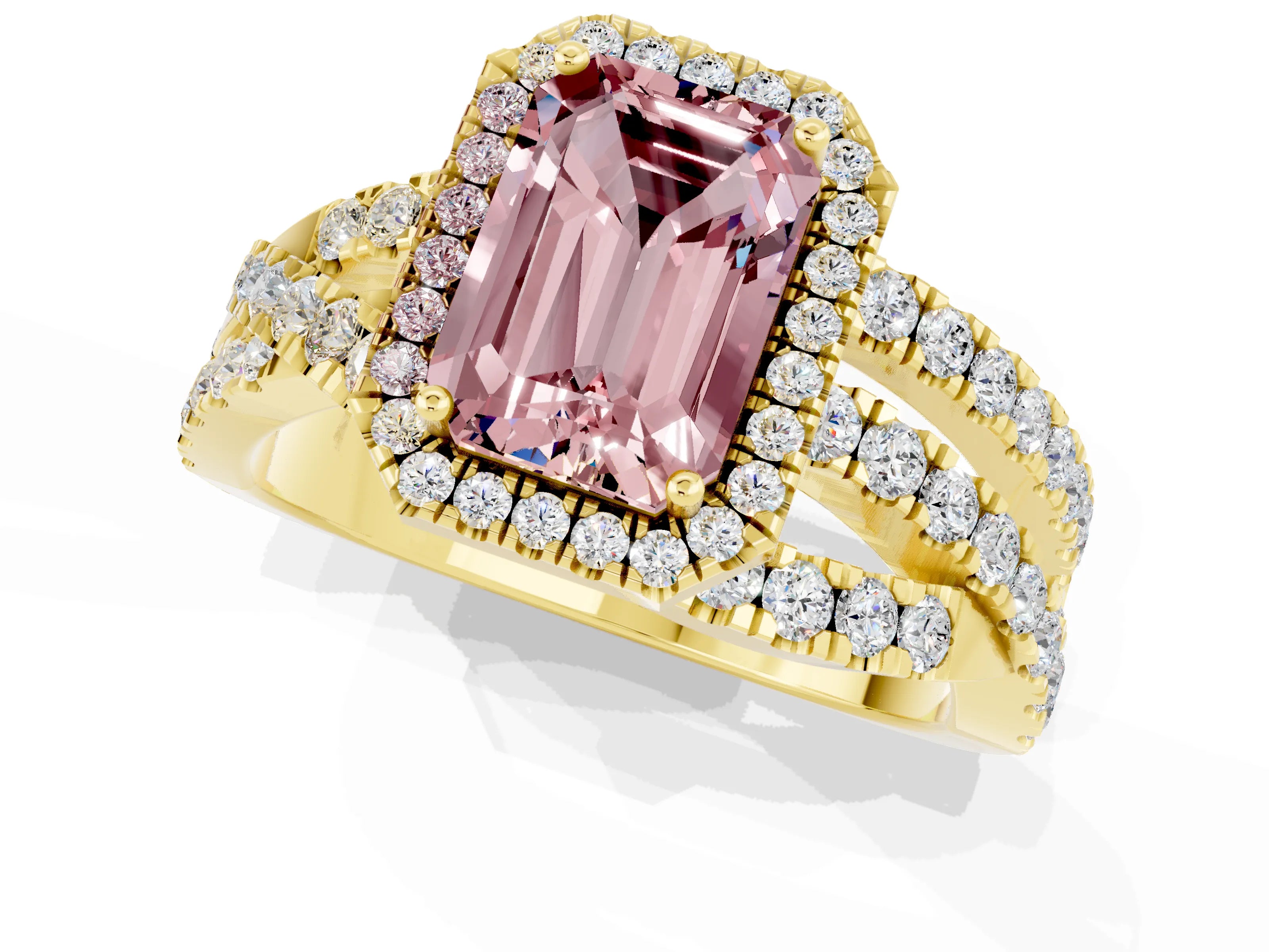 Yellow gold Emerald Cut Cut Halo Split Shank Prong Setting Ring_13