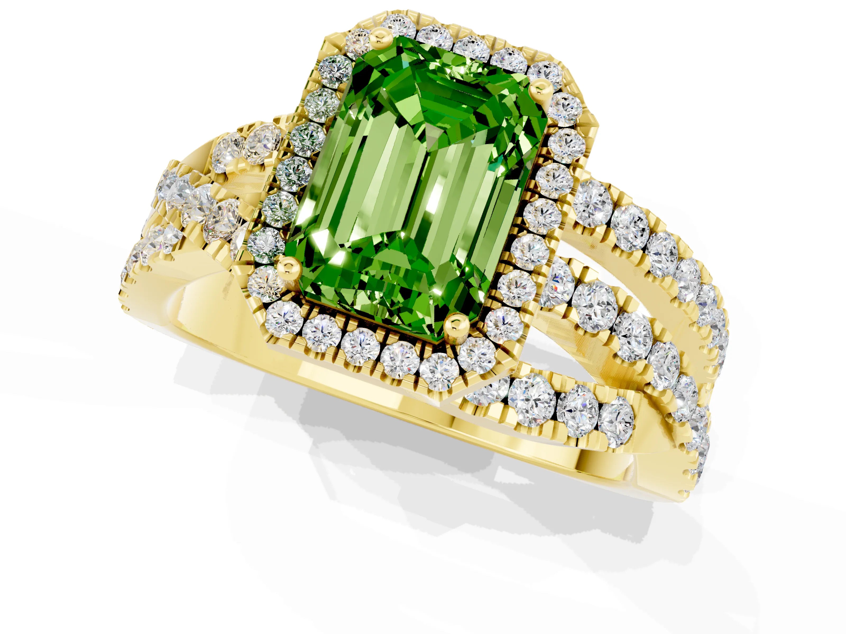 Yellow gold Emerald Cut Cut Halo Split Shank Prong Setting Ring_13