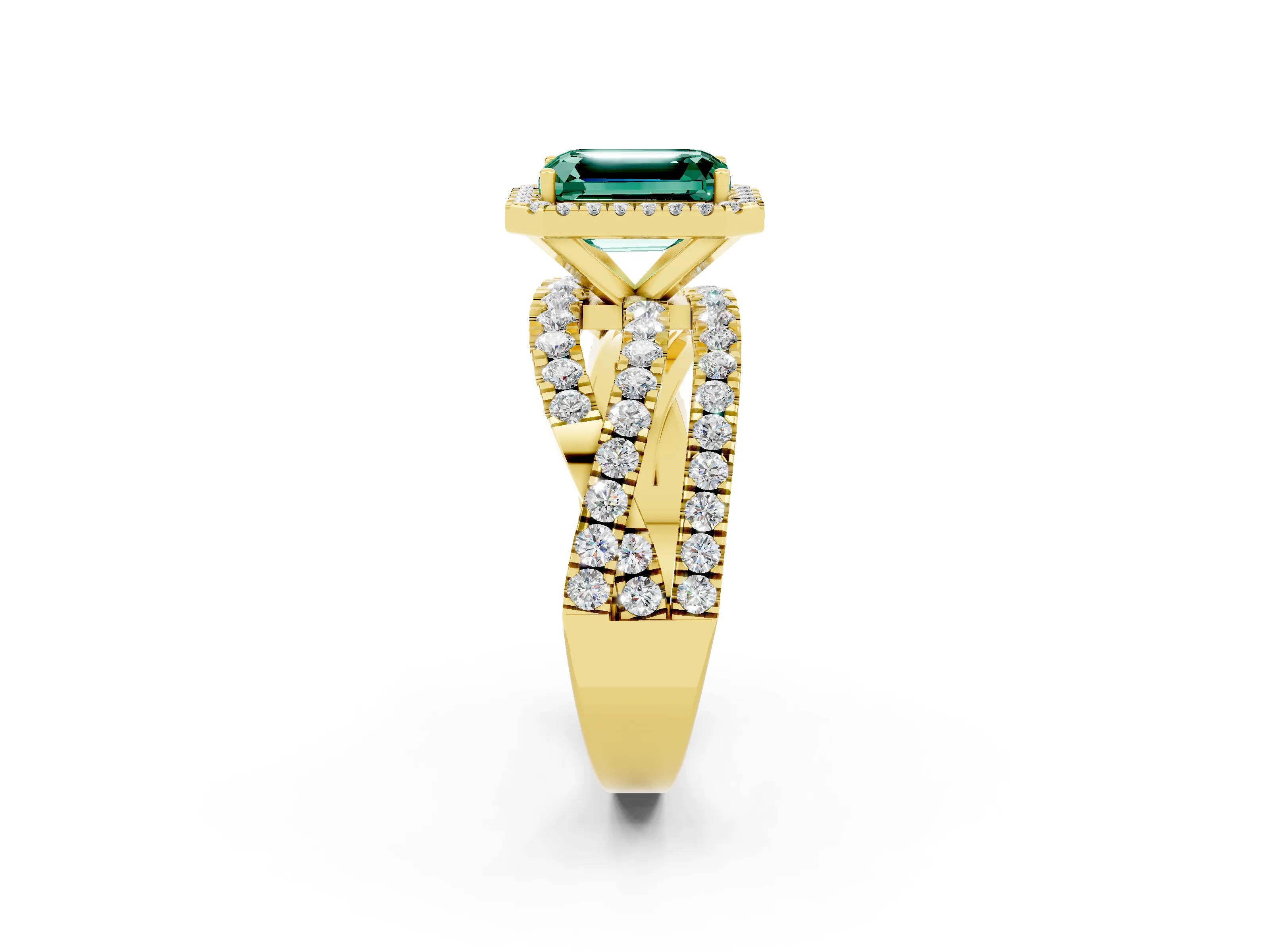 Yellow gold Emerald Cut Cut Halo Split Shank Prong Setting Ring_14