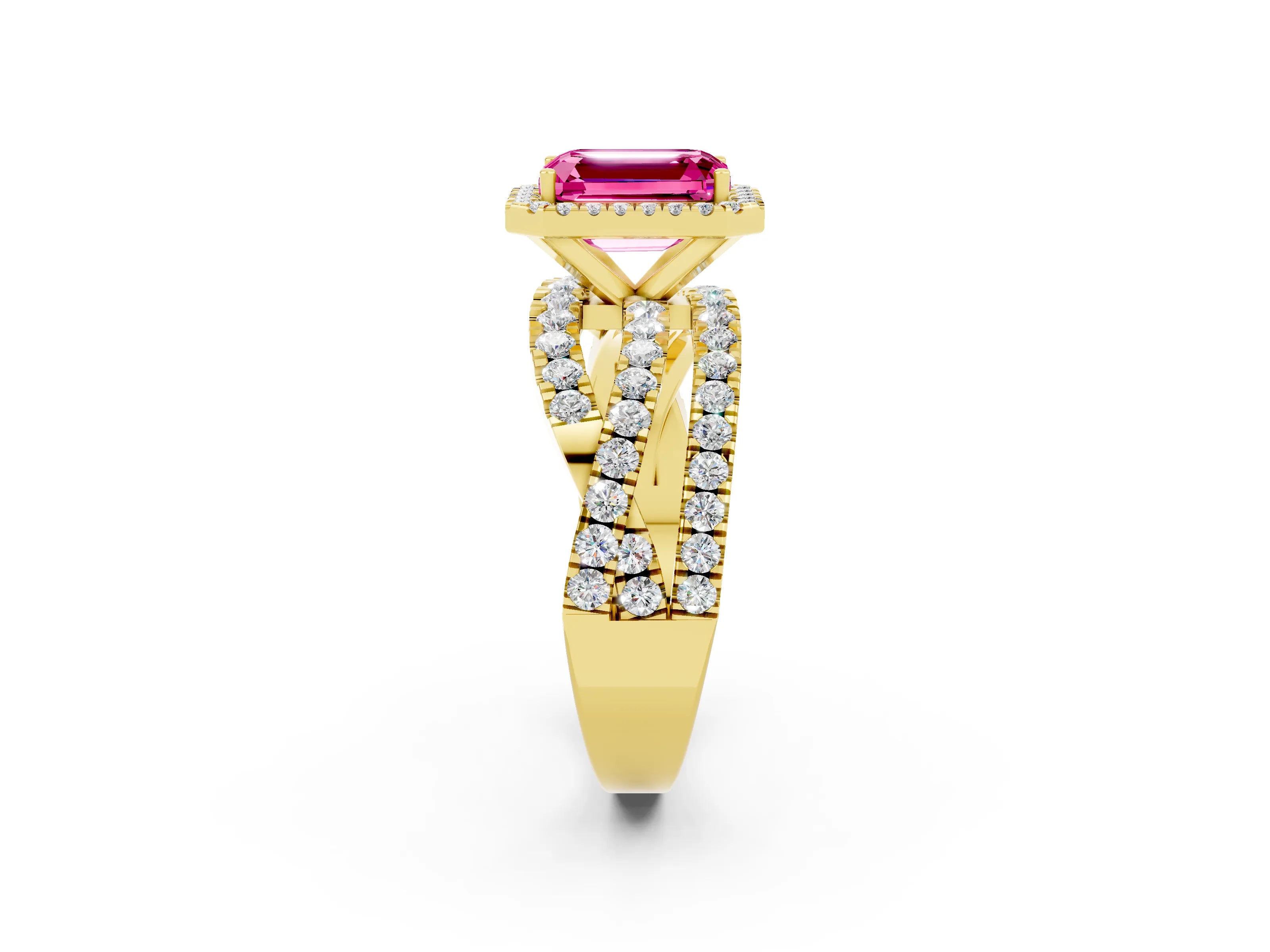 Yellow gold Emerald Cut Cut Halo Split Shank Prong Setting Ring_14