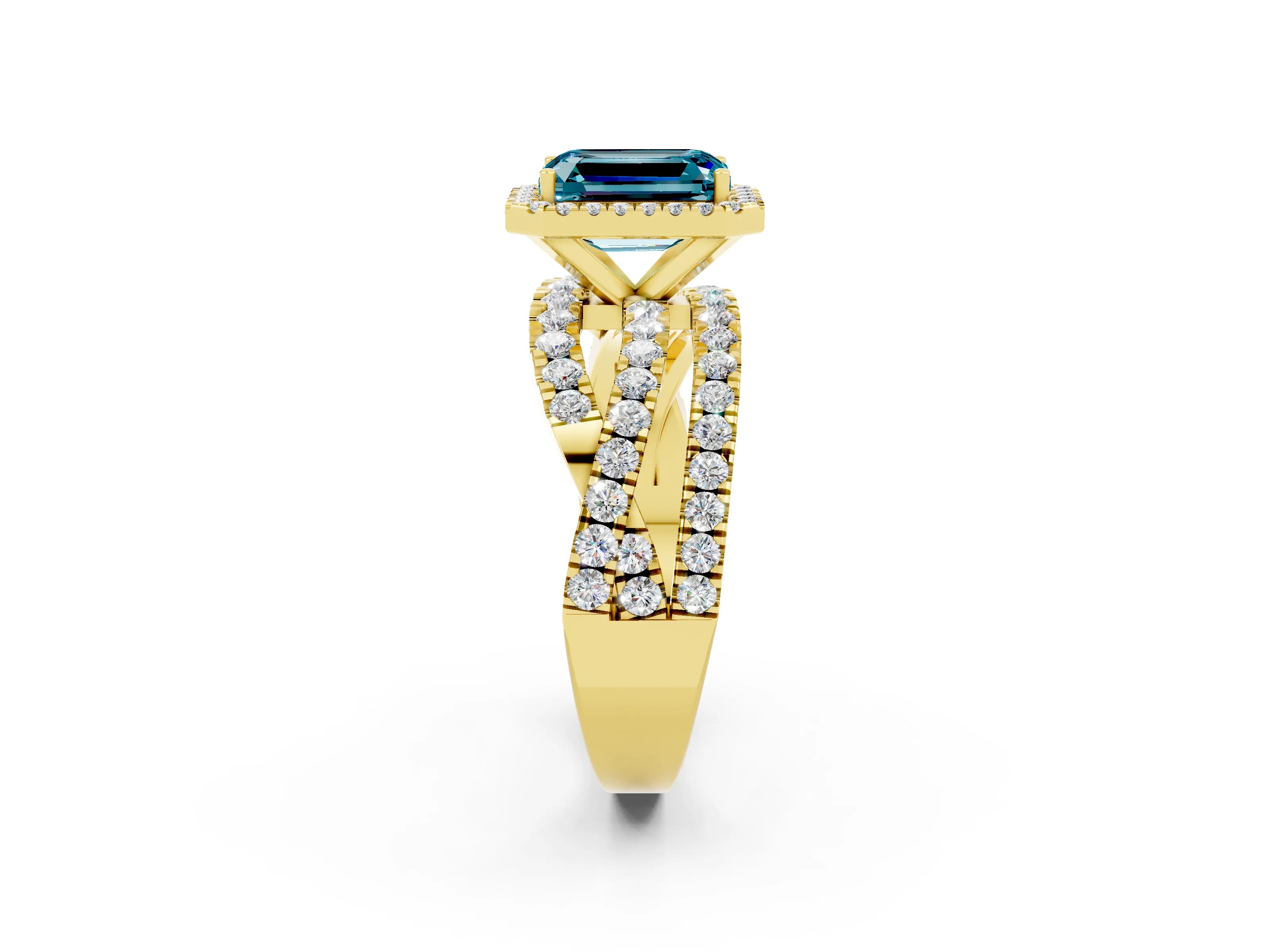 Yellow gold Emerald Cut Cut Halo Split Shank Prong Setting Ring_14