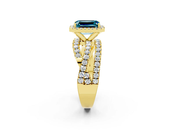 Yellow gold Emerald Cut Cut Halo Split Shank Prong Setting Ring